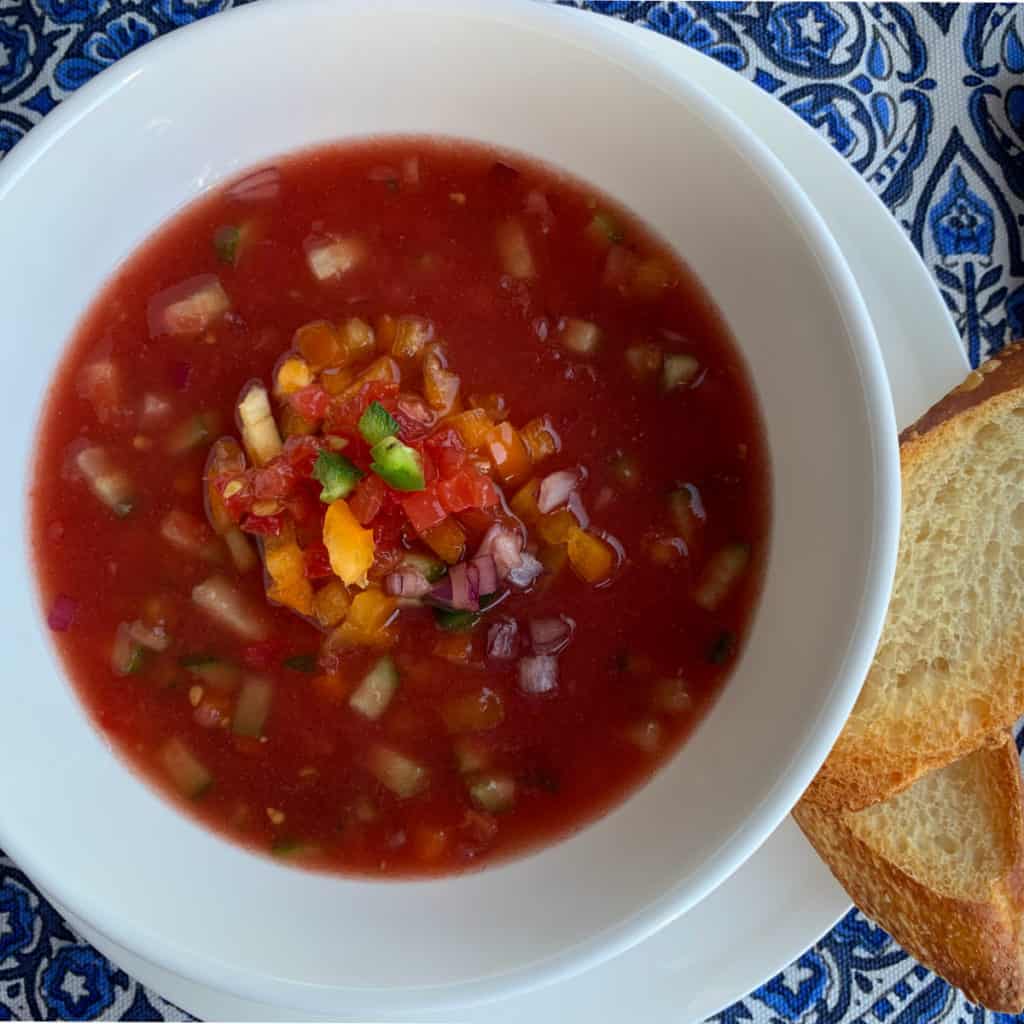 Overhead shot of gazpacho soup.