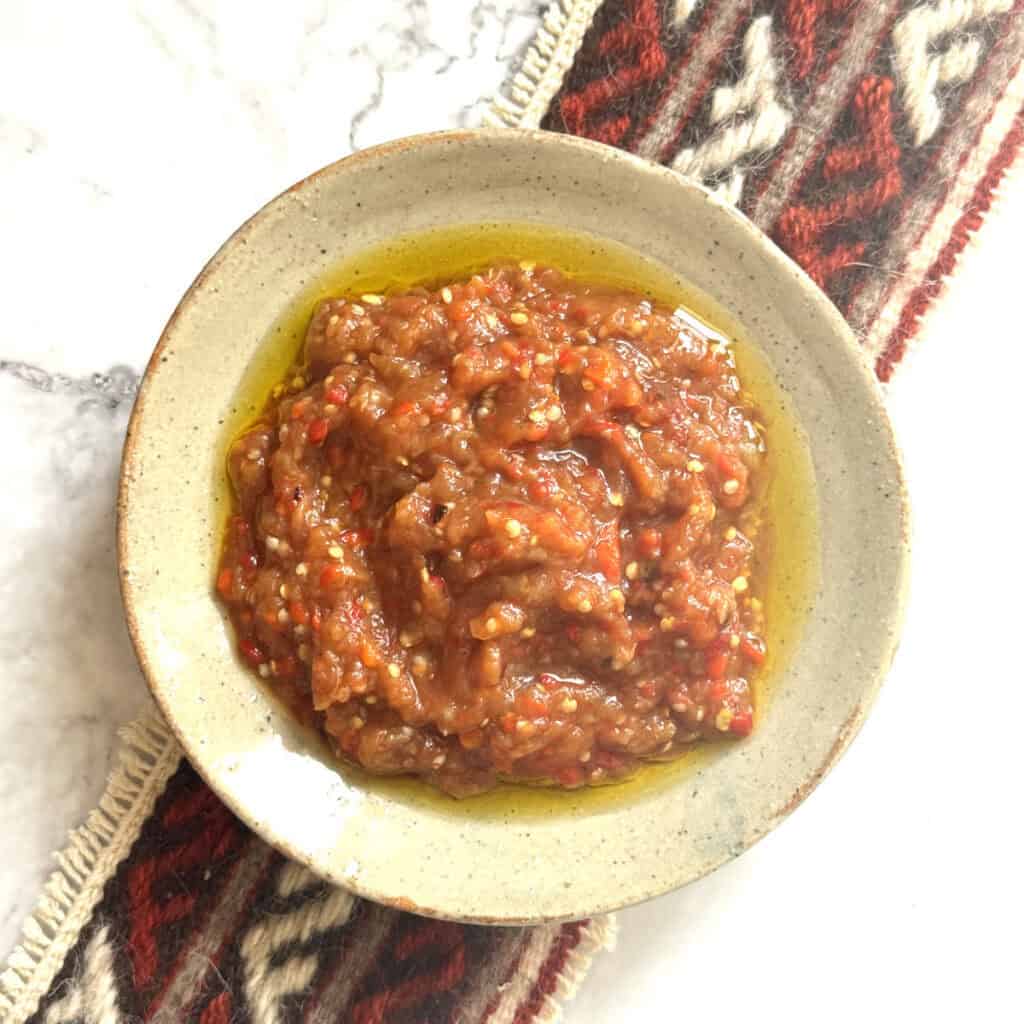 Overhead shot of the eggplant caviar.