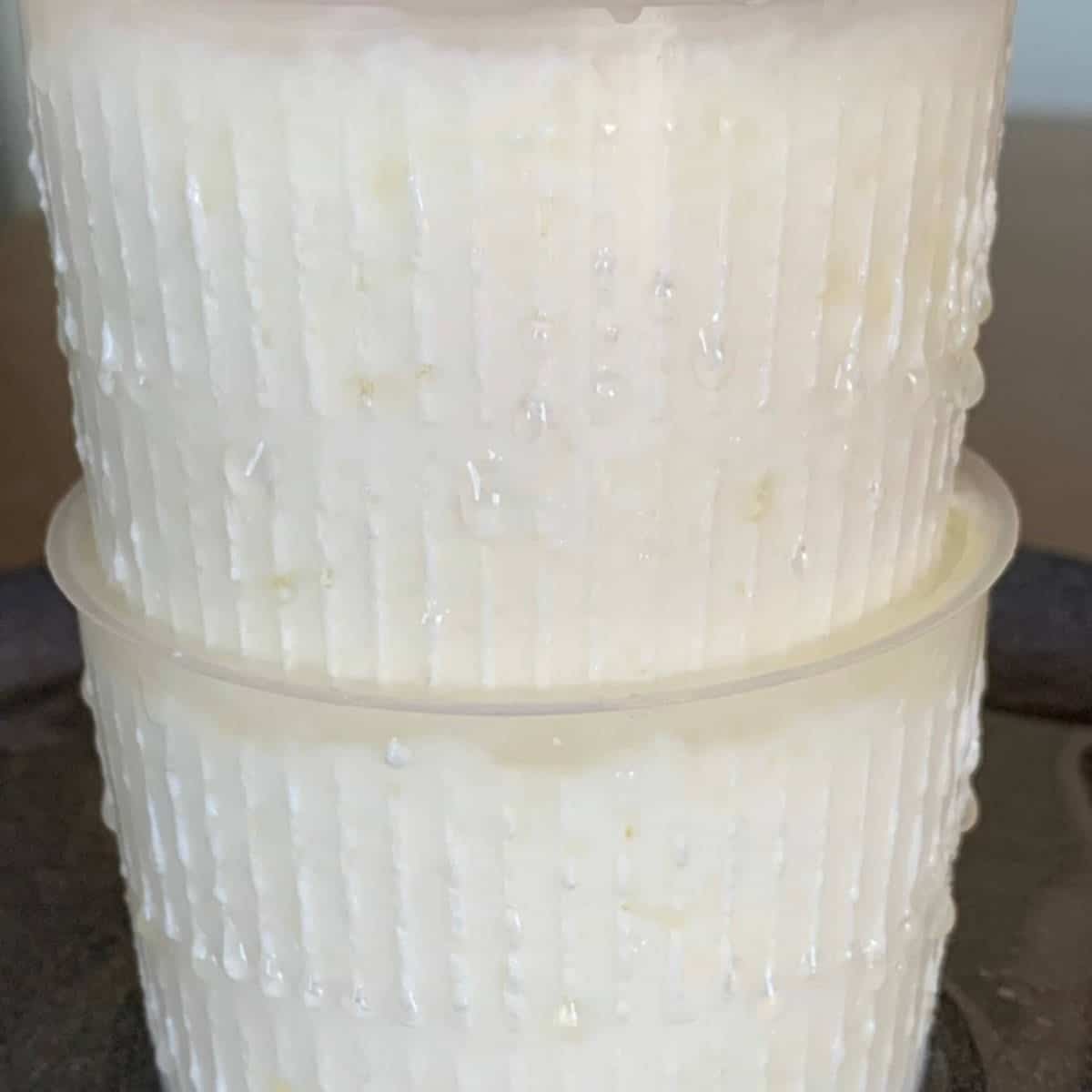 Ricotta is draining in cheese making baskets.