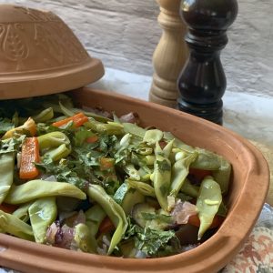 Armenian Summer Vegetable Stew in a clay baking dish.