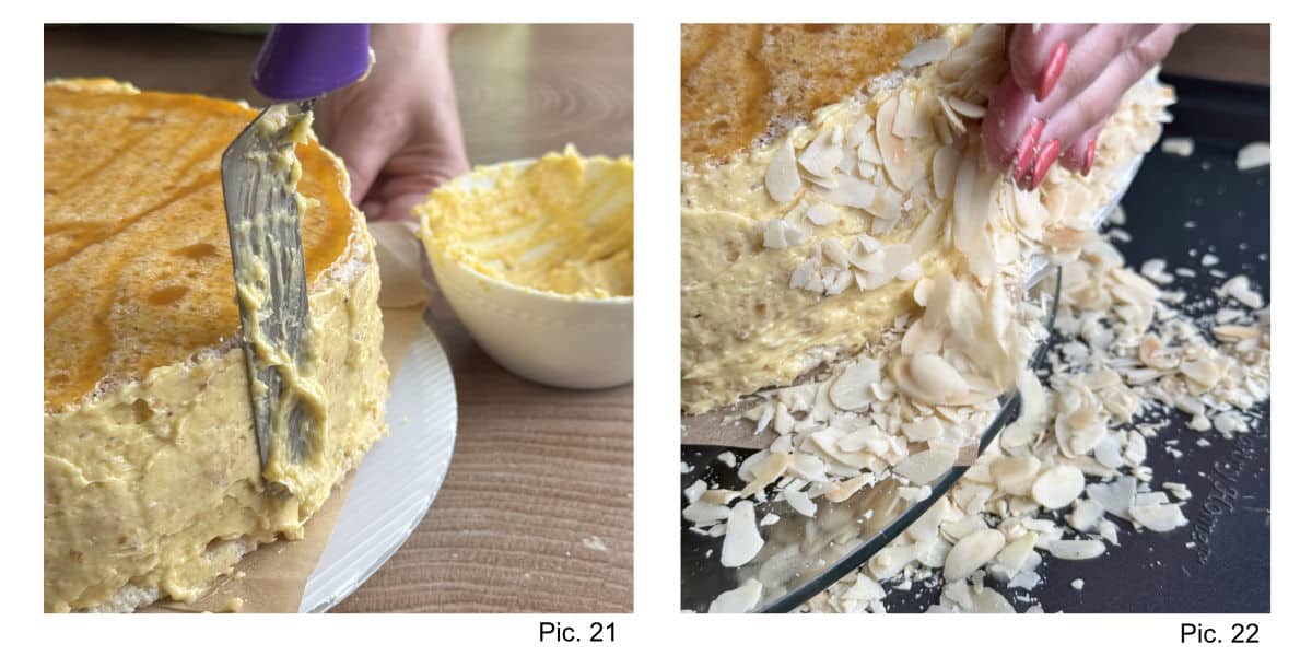 Crumb-coating the cake and applying almonds. 
