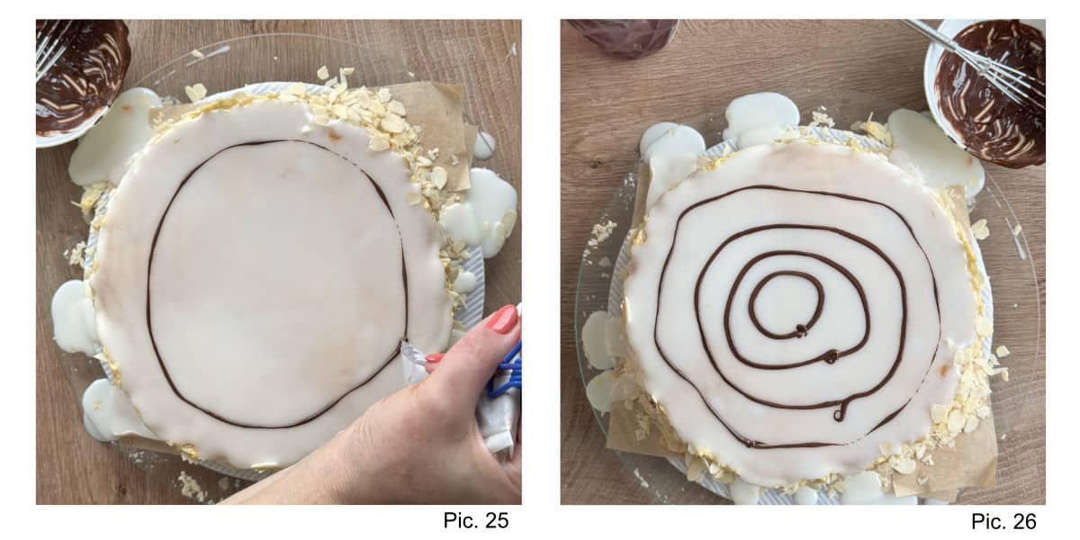 Piping chocolate circles.