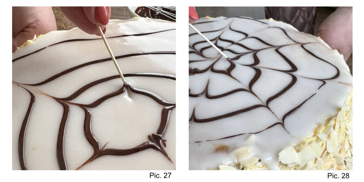 Creating spiderweb design on the cake.