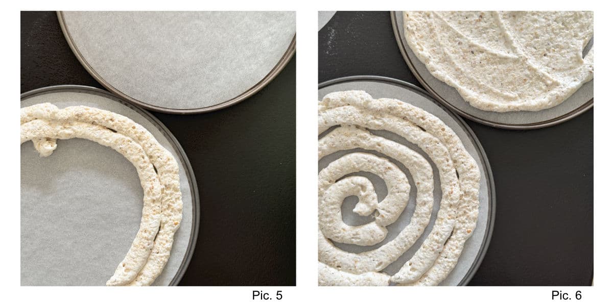 Piping dacquoise batter onto the parchment paper.