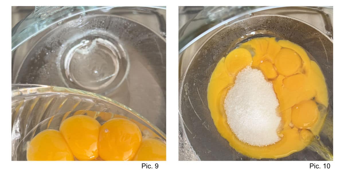 Making the buttercream - whisking the egg yolks and sugar over the simmering water.