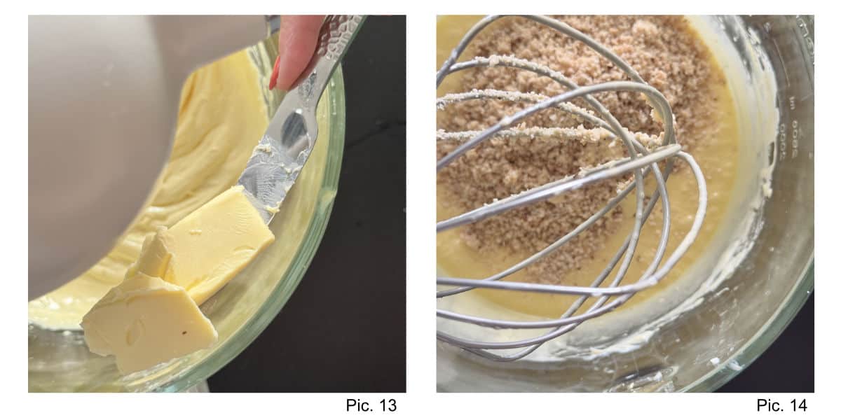 Adding the butter and hazelnut to the buttercream.