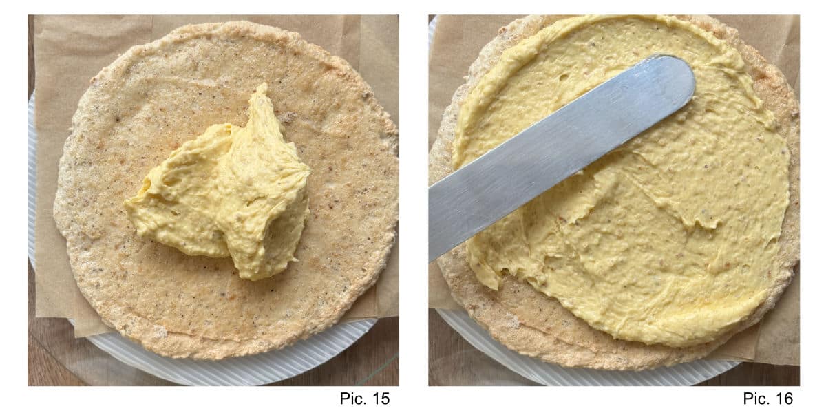 Assembling the layers of the cake.