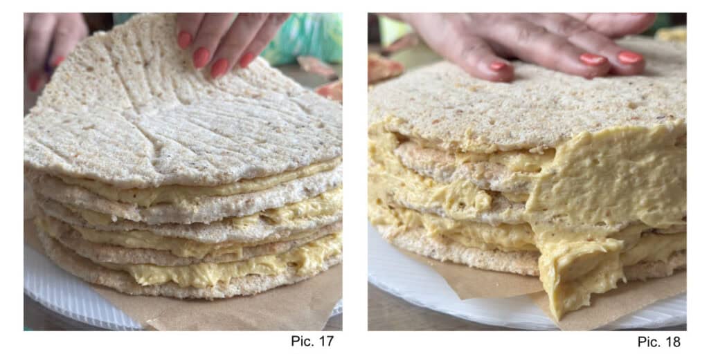 Assembling the layers of the cake.