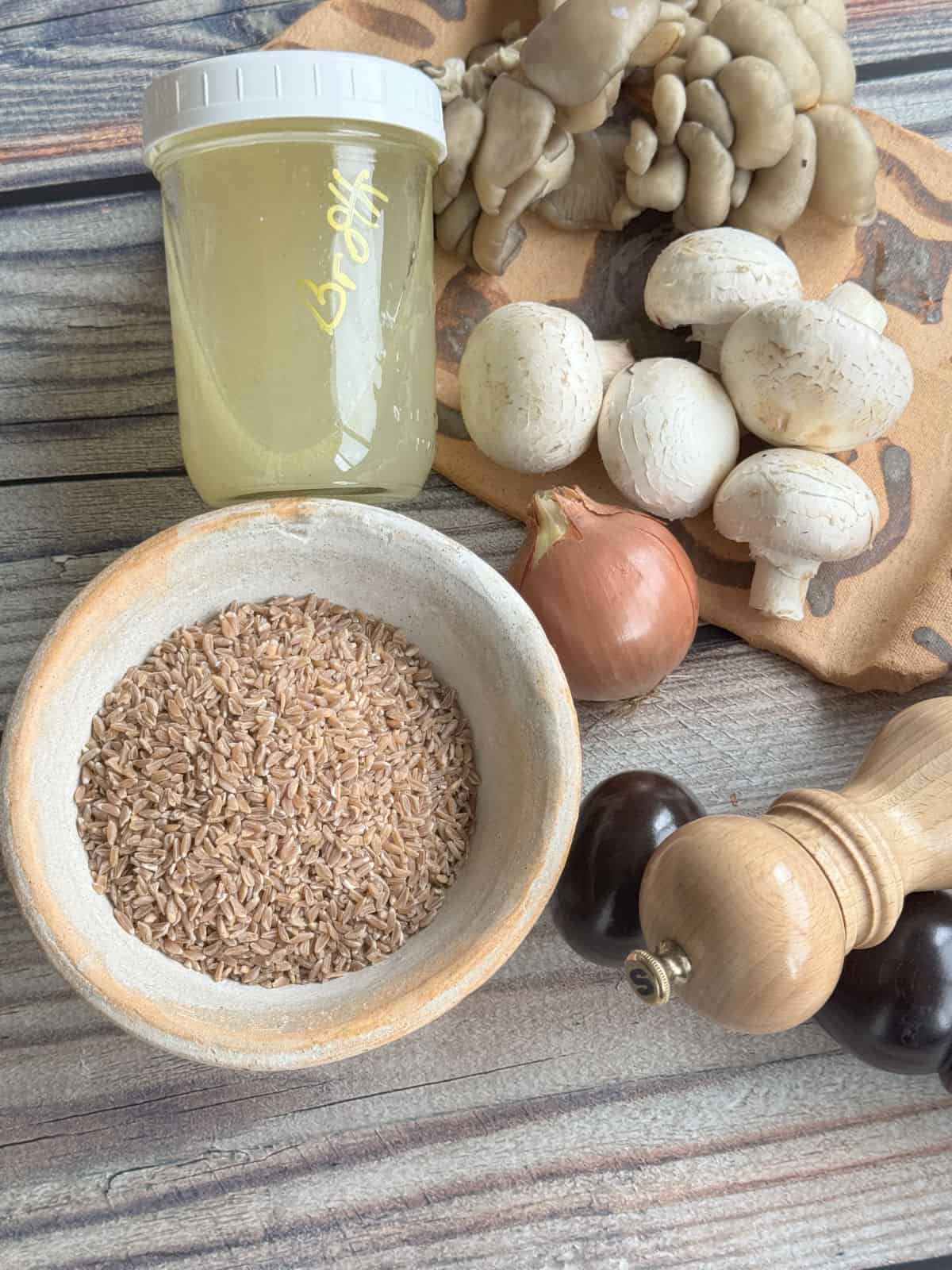 Ingredients shot of the farro with mushroom pilaf.