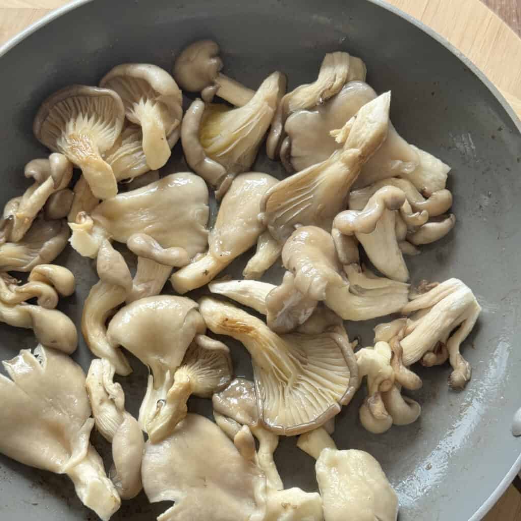 Oyster mushrooms in a frying pan.